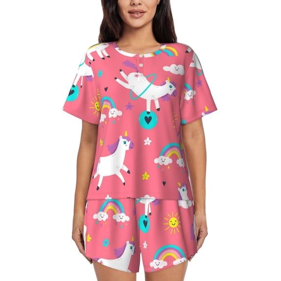 Wukai Yoga Unicorn Women's Pajama Set,Short-Sleeve Top and Shorts with Elastic Waistband and Pockets for Loungewear, Yoga, and Casual Wear-XX-Large