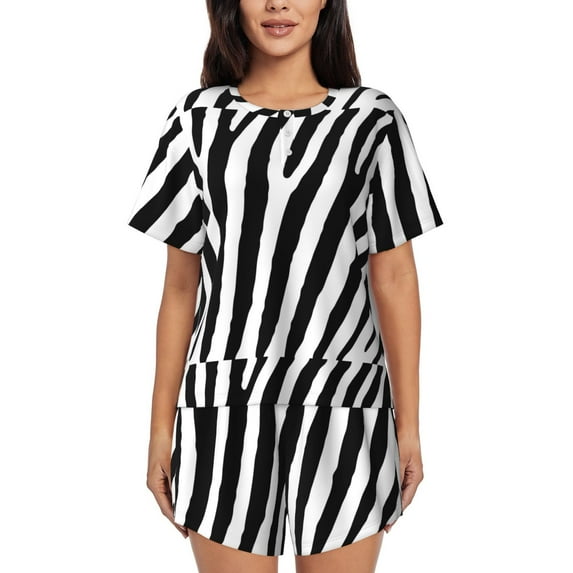 Wukai Zebra Women's Pajama Set,Short-Sleeve Top and Shorts with Elastic Waistband and Pockets for Loungewear, Yoga, and Casual Wear-Large
