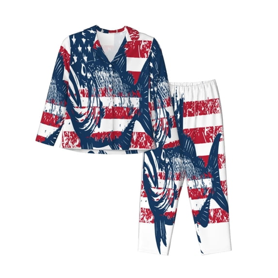 Wukai bass fish with the USA flag Print Women’s Pajama Long Sleeve Sleepwear Soft -Large