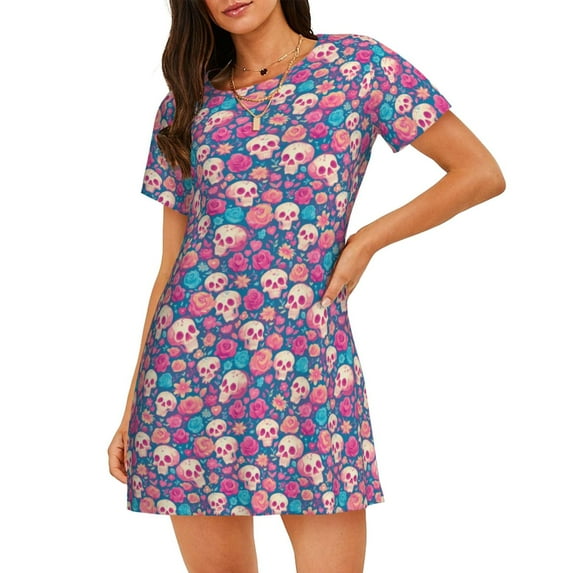 Wukai colorful Skull flower Print Women's Loose Short Sleeve Nightgown, Soft Sleep Dress for Comfortable Relaxation, Casual Lounge Wear