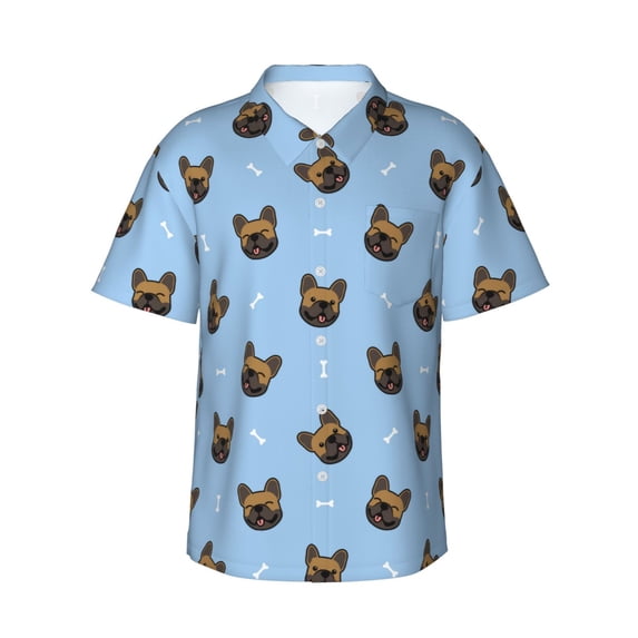 Wukai french Bulldog Face Men's Hawaiian Shirt Short Sleeve Casual Button Down Summer Beach Aloha Shirt Tropical Print Holiday Party