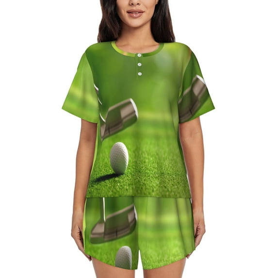 Wukai golf ball after putting to the golf hole Women's Pajama Set - Short-Sleeve Top and Shorts with Elastic Waistband and Pockets for Loungewear, Yoga, and Casual Wear-3X-Large