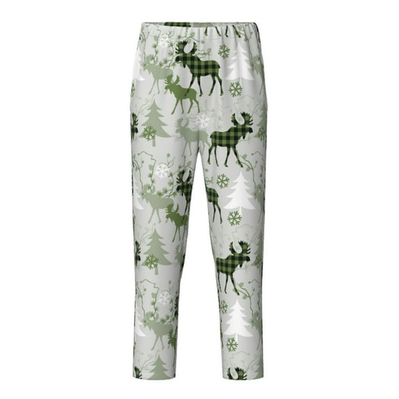 Wukai green plaid Moose tree Print Teenagers' Pajama Pant Sleep Pajama Lounge Pant PJ Bottoms with Pockets and Button Fly(Available in Big & Tall)-Small