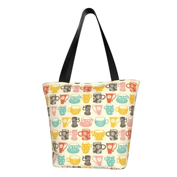 Vsdgher Vintage Cup print Reusable Shopping Grocery Bags for Women Shopping with Pouch Foldable Pouch Lightweight Polyester Fabric