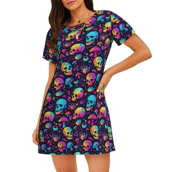 Wukai mushroom Skull star Print Women's Loose Short Sleeve Nightgown, Soft Sleep Dress for Comfortable Relaxation, Casual Lounge Wear