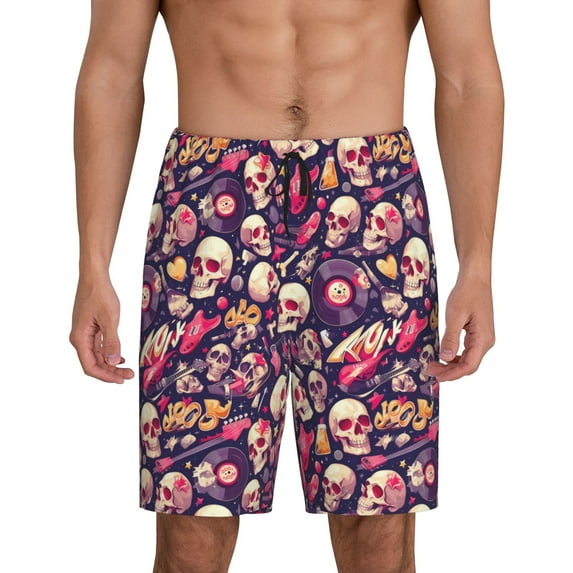 Wukai music Skull record Guitar Men’s Short Pajama Pants With Pockets Soft Sleep Pj Shorts for Men-Small
