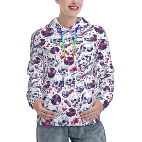 Wukai music Skull record mike Print Womens Hoodies Fleece Sweatshirts Long Sleeve Sweaters Pullover Fall Outfits Winter Clothes-X-Large