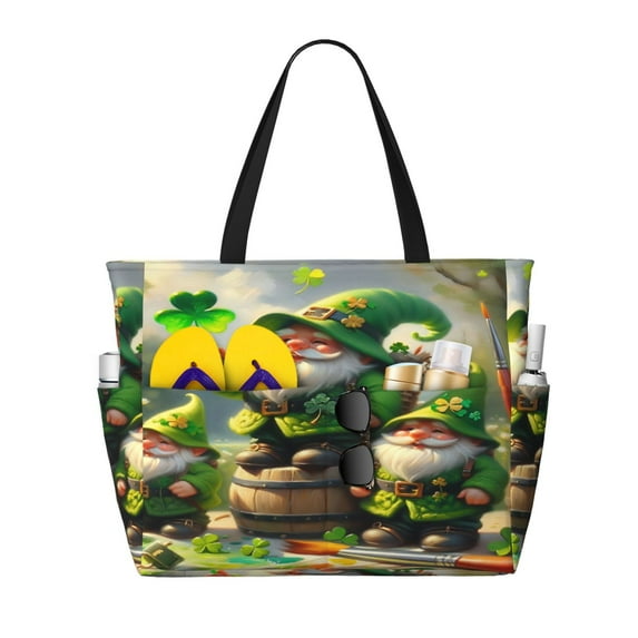 Wukai patrick’s day gnomes Print Zipper Bag,large Beach Tote Bag,Waterproof Sandproof Bag,Grocery and Picnic Tote Travel Bag