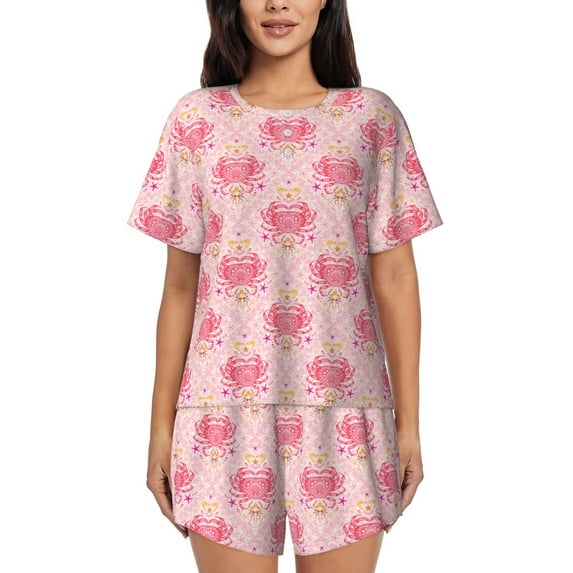 Wukai pink crustaceans Women's Pajama Set - Short-Sleeve Top and Shorts with Elastic Waistband and Pockets for Loungewear, Yoga, and Casual Wear-XX-Large