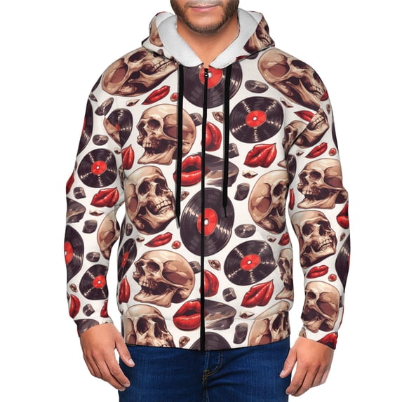 Wukai record lips Skull Print Men's Zip-Up Hoodie,Fleece Full-Zip Hoodie for Men, Hooded Sweatshirt-XX-Large