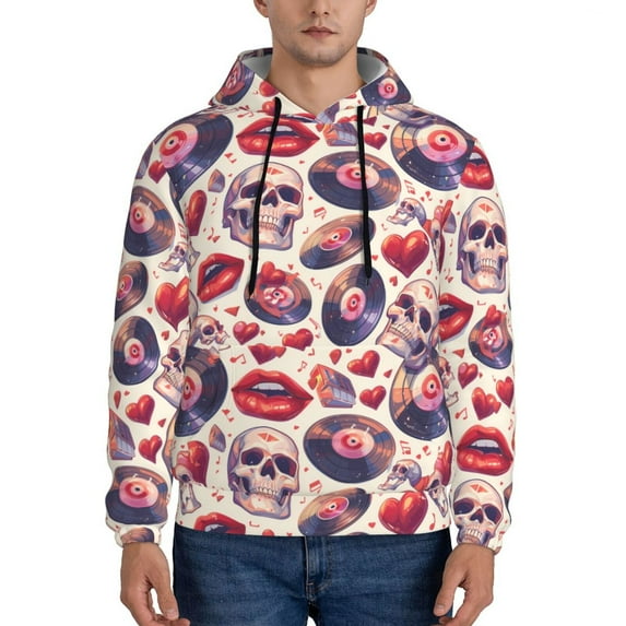 Wukai record rock Skull lips Print Men Hoodies Fleece Sweatshirts Long Sleeve Sweaters Pullover Fall Outfits Winter Clothes-3X-Large