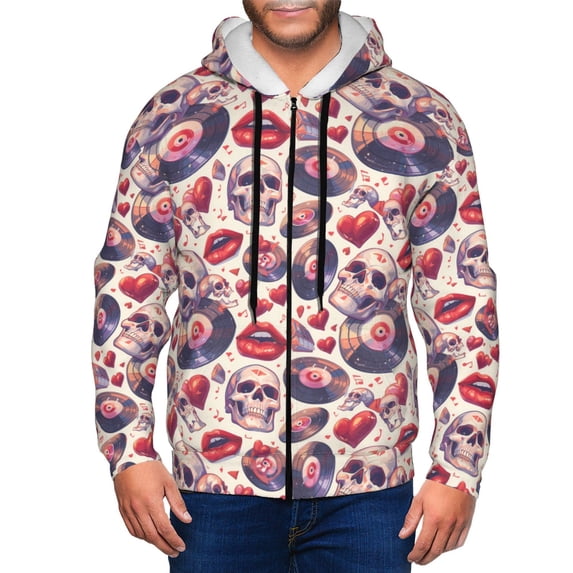 Wukai record rock Skull lips Print Men's Zip-Up Hoodie,Fleece Full-Zip Hoodie for Men, Hooded Sweatshirt-XX-Large
