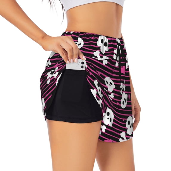 Wukai skull with hearts Print Women' double-layer Shorts for Athletic Gym Running Shorts with Phone Pockets-Small