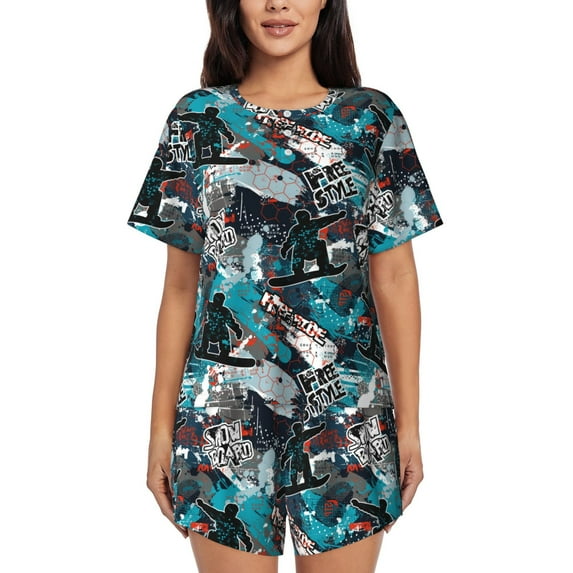 Wukai snow board colorful Print Women's Pajama Set - Short-Sleeve Top and Shorts with Elastic Waistband and Pockets for Loungewear, Yoga, and Casual Wear-Medium