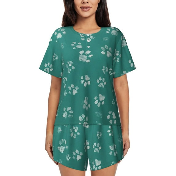 Wukai teal green paw Women's Pajama Set - Short-Sleeve Top and Shorts with Elastic Waistband and Pockets for Loungewear, Yoga, and Casual Wear-4X-Large