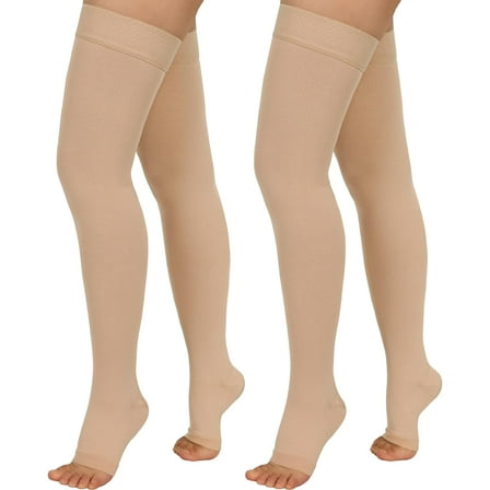 Wukang 2 Pairs Compression Stockings for Women & Men,20-30mmHg Thigh High Compression Socks,Open Toe Medical Compression Socks with Silicone Dot Band