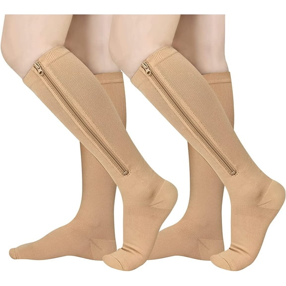 Wukang 2 Pairs Zipper Compression Socks 15-20 mmHg Closed Toe Compression Stocking for Women and Men
