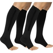 Wukang 2 Pairs Zipper Compression Socks for Women Men Black Open Toe Compression Stockings