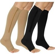 Wukang 2 Pairs Zipper Compression Socks for Women Men Open Toe Compression Stockings（Black+Beige）