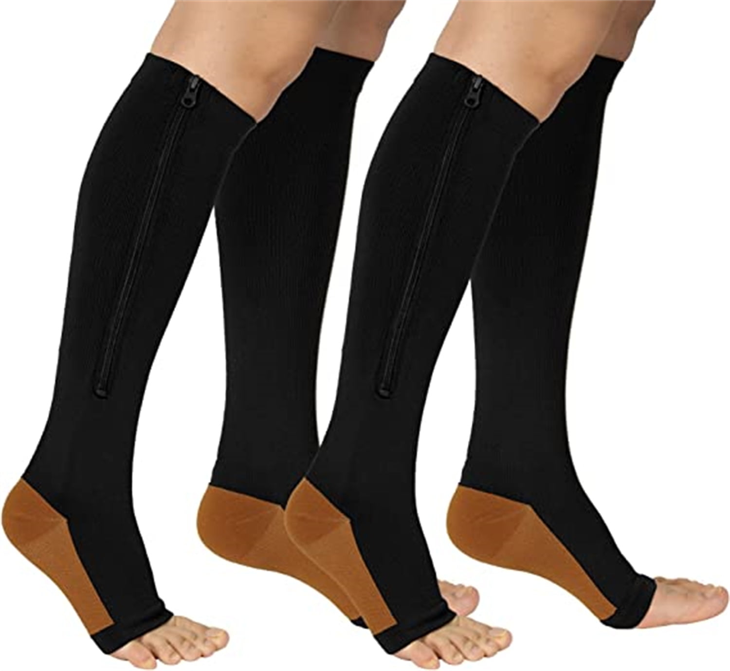 Wukang 2 Pairs Zipper Compression Socks with Copper Black Open Toe