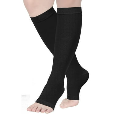Wukang 20-30 mmhg Open Toe Compression Socks Knee High Graduated Compression Stockings for Women and Men(Black, L)