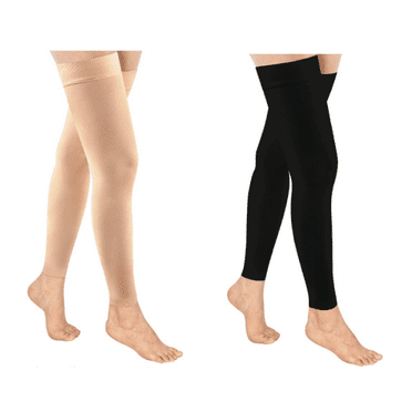 Wukang 20-30mmHg Thigh High Compression Stockings Footless Compression Socks for Women & Men(2 Pairs,Black+Beige)