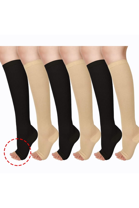 3 Pairs S M Knee High Compression Stockings Open Toe 15-20mmhg Compression Socks for Woman Men