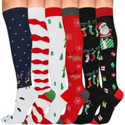 Wukang 6 Pair 20-30 mmHg Knee High Compression Socks for Women & Men, L/XL Christmas Compression Stockings