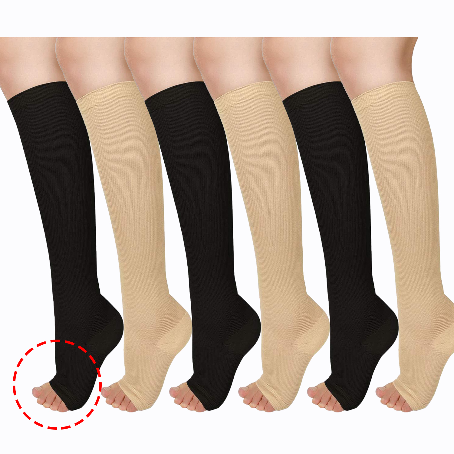 Wukang 6 Pairs Knee High Compression Stockings Open Toe 15-20mmhg ...