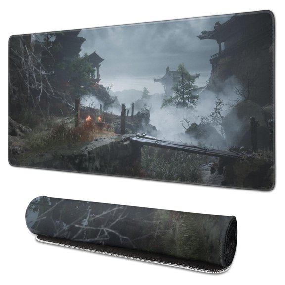 Wukong Mouse Pad No Skid Cool Rubber Mousepads for Table Desk Ancient Buildings, Hilltops, Wooden Bridges Mousepad Gaming for Computer Desk Laptop Decoration (31.5x15.7in)