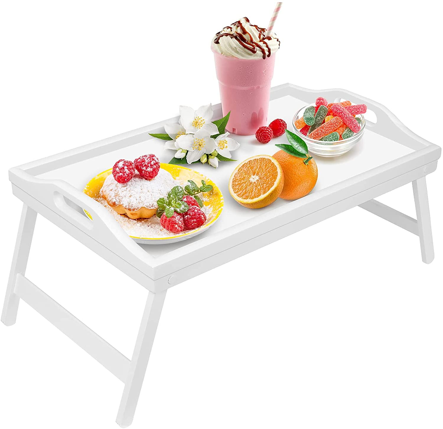 Wulawindy Bambboo Bed Tray with Folding Legs, Rectangle Breakfast Bed Table Tray with Carrying Handles Bamboo Portable Lap Desk Wooden Serving Dinner Tea TV Tray，20''x12", White