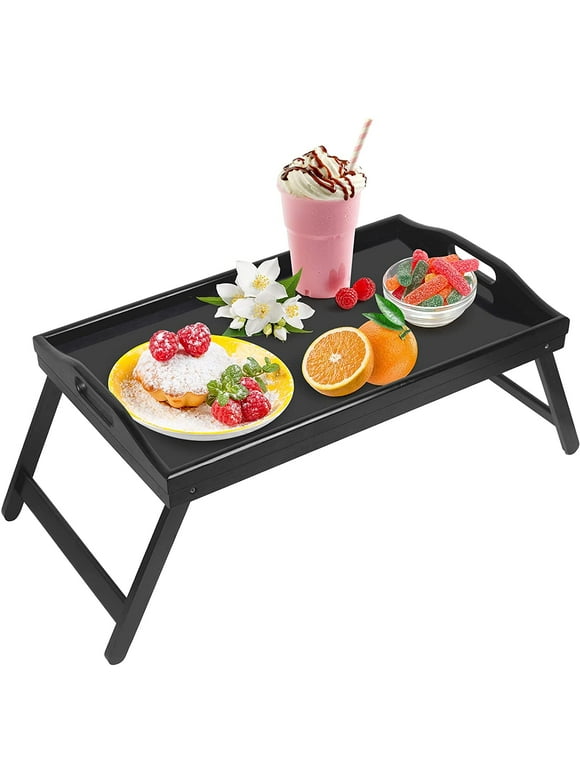 Wulawindy Bamboo Bed Tray with Folding Legs, Rectangle Wooden Breakfast Dinner Tea TV Tray, 20''x12", Black