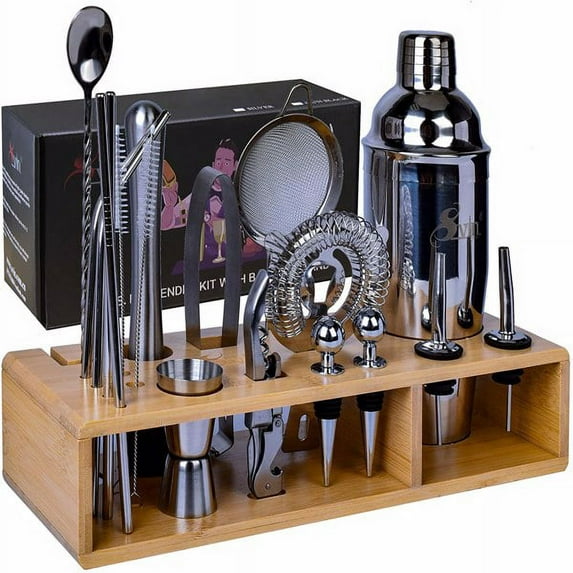 Wulawindy Bartender Kit, 20 Piece Bar Tool Set with Bamboo Stand, Cocktail Shaker Set, Stainless Steel Bar Tools for Drink