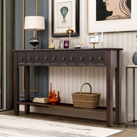 Wulawindy Rustic Entryway Console Table, 60" Long Sofa Table with two Different Size Drawers and Bottom Shelf for Storage (Black)