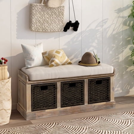 Wulawindy Rustic Storage Bench with 3 Removable Classic Rattan Basket , Entryway Bench with Removable Cushion