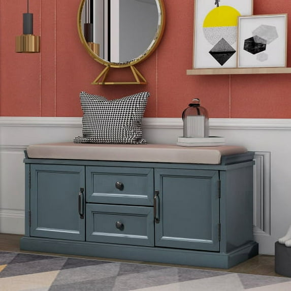 Wulawindy Storage Bench with 2 Drawers and 2 cabinets, Shoe Bench with Removable Cushion for Living Room, Entryway