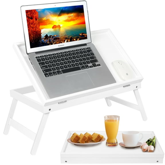 Wulawindy White Bamboo Bed Tray Breakfast Food Tray with Folding Legs Kitchen Serving Tray