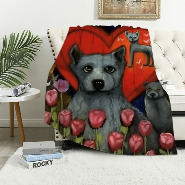 Wuling Dogs Heart Flowers Flannel Blanket Longlasting for All Seasons