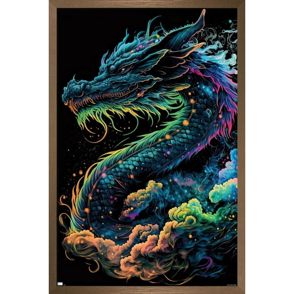 Wumples - Neon Cosmic Dragon Wall Poster, 14.725" x 22.375" Framed