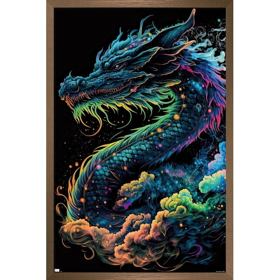 Wumples - Neon Cosmic Dragon Wall Poster, 22.375" x 34" Framed