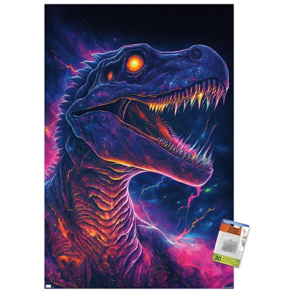 Wumples - Neon Dinosaur Wall Poster with Pushpins, 22.375" x 34"