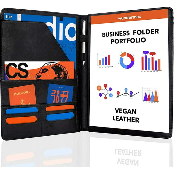 Wundermax Portfolio Binder-12.8x9.8x0.6In Vegan Leather For Women and Men w/Notepad-Black