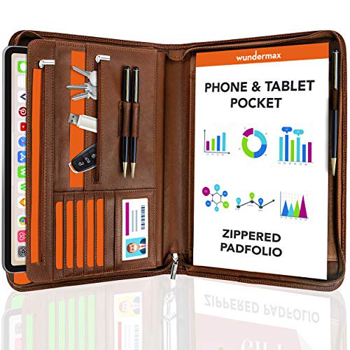Wundermax Vegan PU Leather Portfolio with Zipper - w/Notepad Compatible with 10" Brown