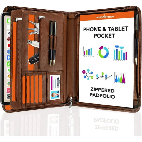 Zippered Padfolio, Leather Portfolio Binder - 10.1 Inch, Brown Business Folder, Resume/Document Organizer - Notebook, Ipad Case, Planner - Men & Women