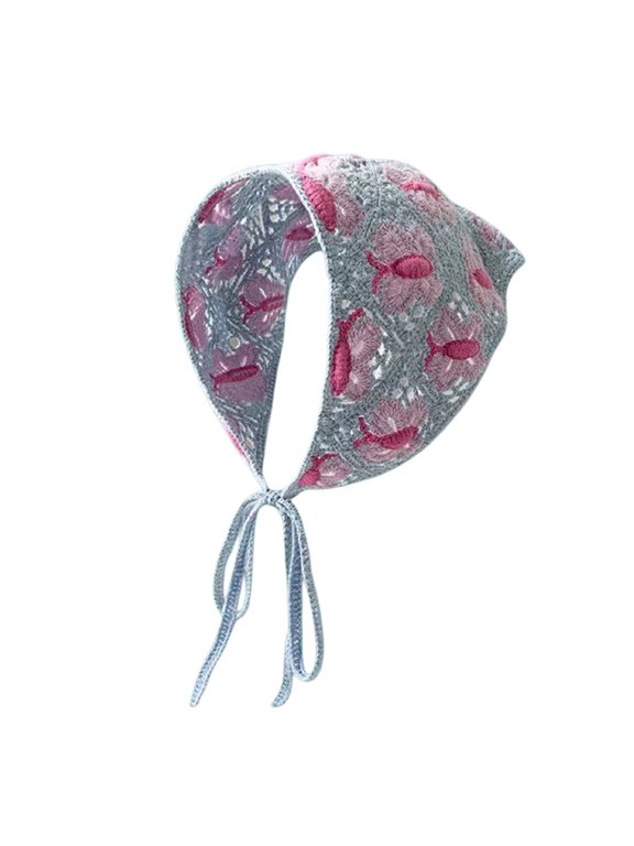 Bohemian Flower Crochet Head Wrap, Adjustable Tie Triangle Head Kerchief for Summer Outdoor Activities, Lightweight Pink One Size