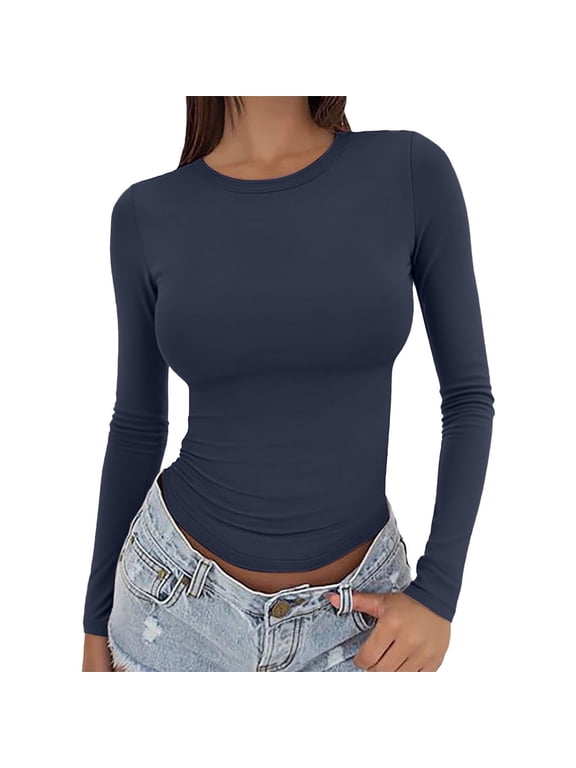 Buttery Soft Stretchy Long‑Sleeve Crew Neck Slim‑Fitted Plain Basic Top Casual Work Going‑Out Everyday Layering Wear for Women Navy S
