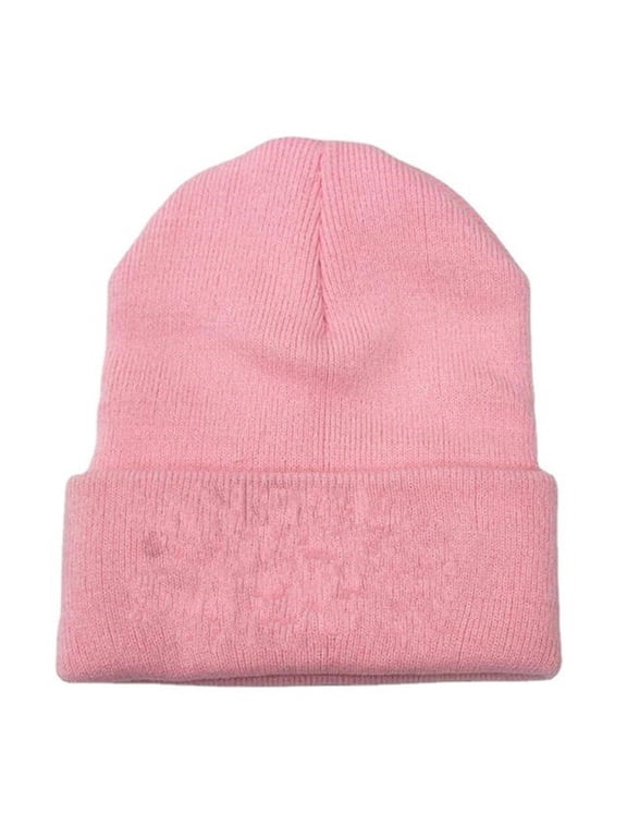 Casual Solid Knit Beanie Cap, Men Women Cold Weather Roll Edge Cuffed Headwear Pink L