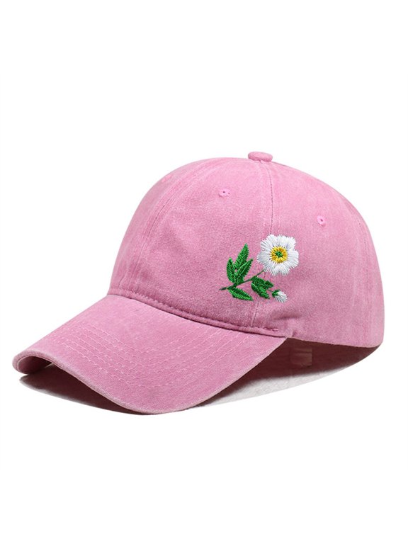 Daisy Embroidered Dad Hat, Adjustable Curved Brim Washed Outdoor Baseball Cap, Lightweight Pink One Size