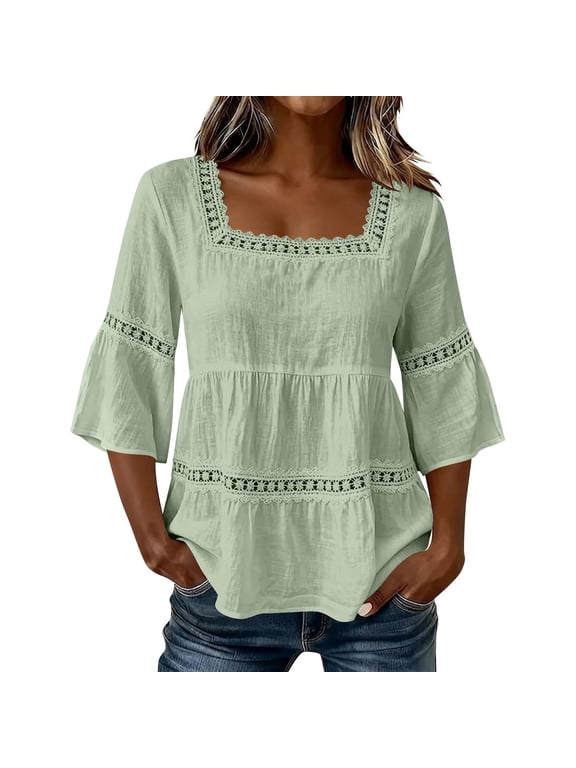 Dressy Casual Cotton Linen Lace Top Women Square Neck 3/4 Flare Bell Sleeve Multi Layer Eyelet Lace Tiered Babydoll Loose Blouse Business Summer Shirt A Light Green M