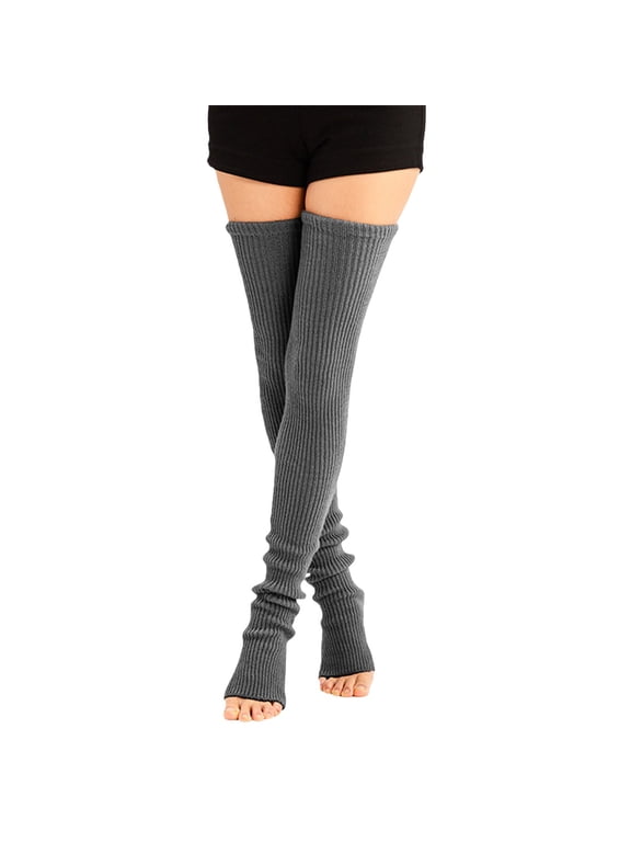 Extra Long Thigh High Stirrup Leg Warmers for Women, Rib Knit Footless Over Knee Sports Socks Dark Gray A